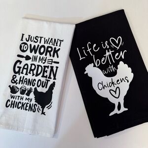 Chickens Themed Black and White Kitchen Towels - Set of two (2)